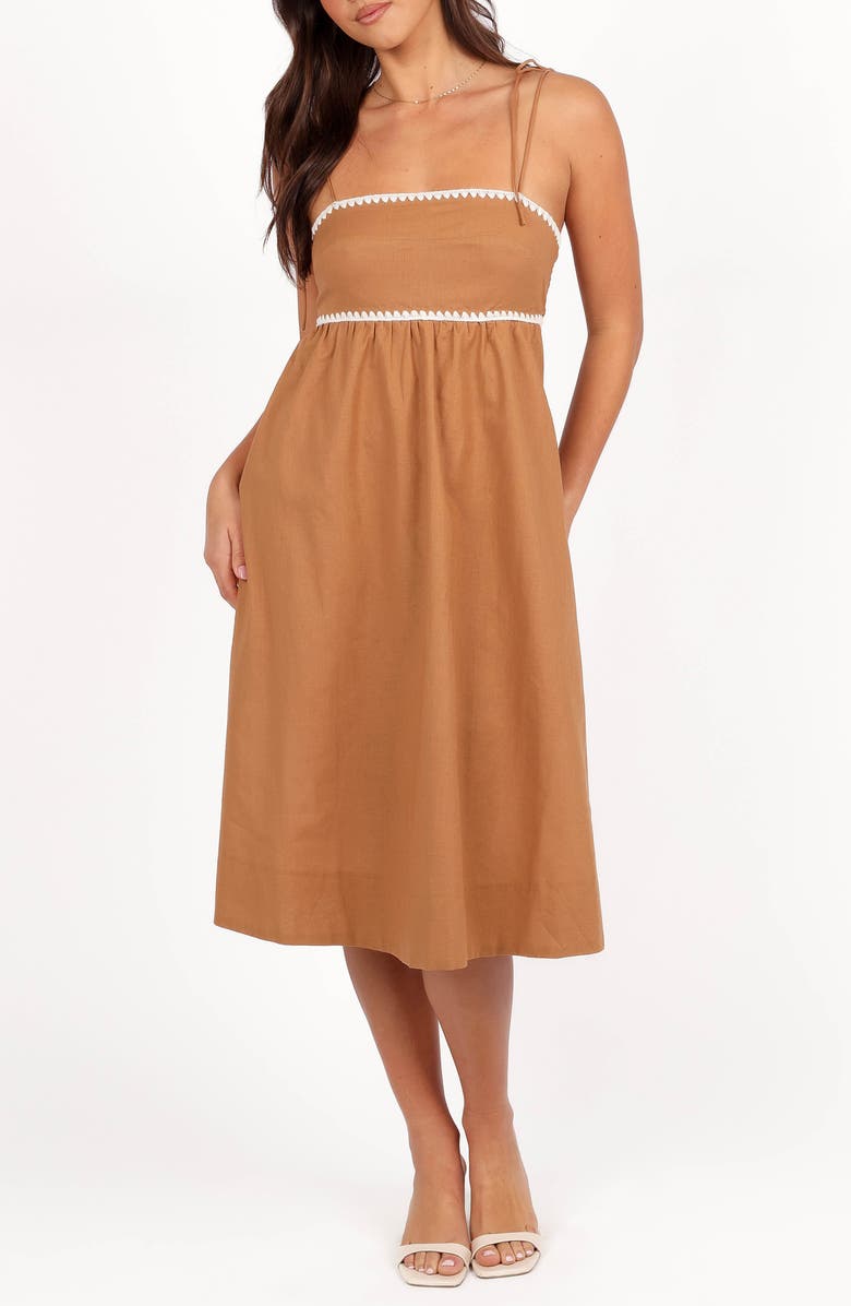 Petal & Pup Lino Embroidered Tie Strap Cotton Sundress, Main, color, Tan White