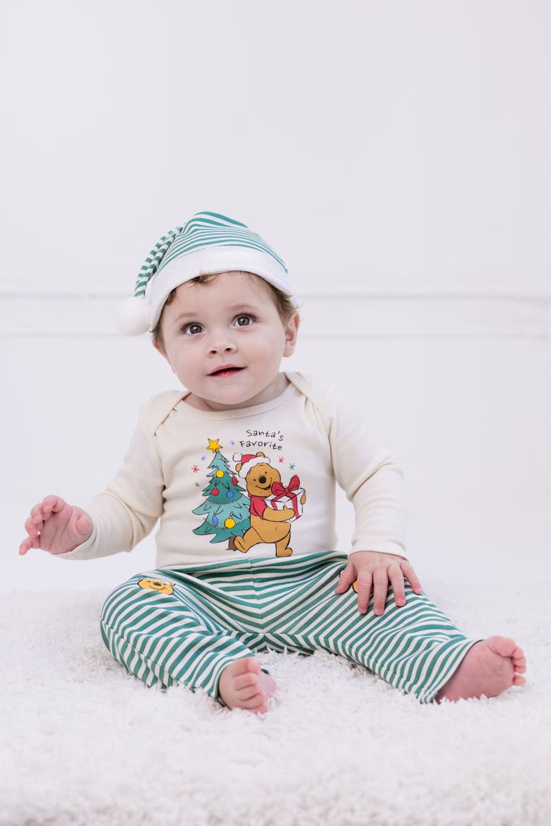 Winnie the Pooh Holiday Bodysuit Pants and Hat Set, Alternate, color, Pooh Cream Green