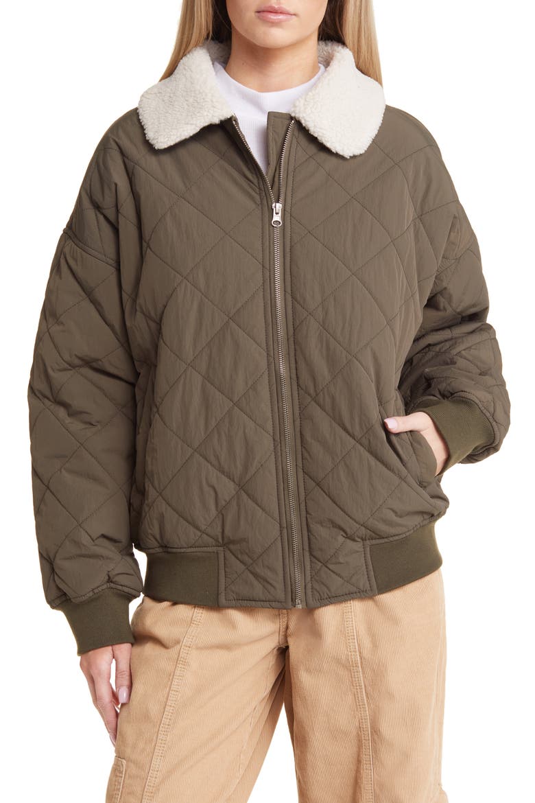 Faux Shearling Collar Dad Jacket, Main, color, BURNT OLIVE