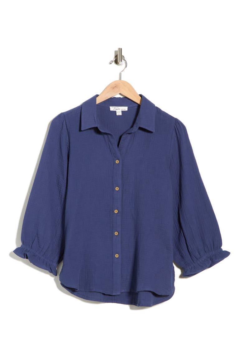 Sunset Cotton Gauze Button-Up Shirt, Alternate, color, NAVY TIME