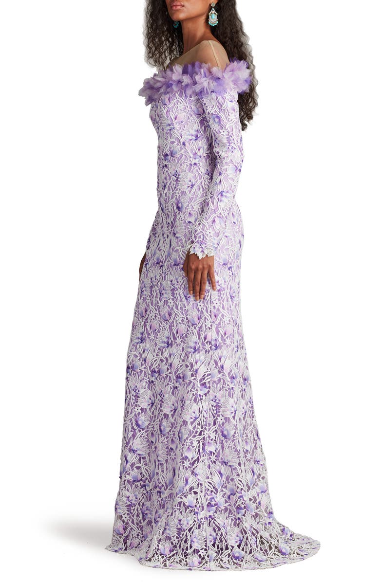 Tadashi Shoji Floral Embroidered Off the Shoulder Gown, Alternate, color, White/ Purple Haze