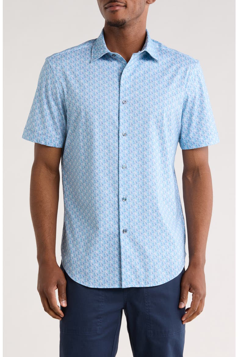 Geometric Short Sleeve Woven Button-Up Shirt, Main, color, AQUA