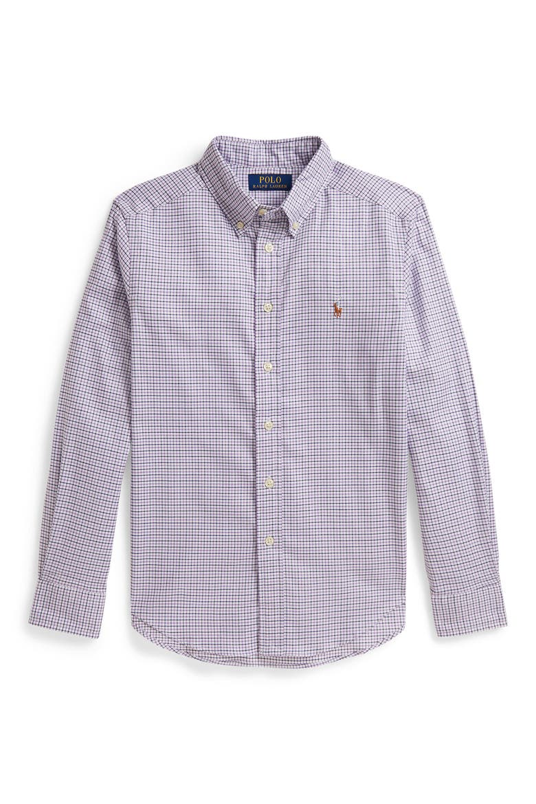 Kids' Performance Plaid Long Sleeve Button-Down Shirt, Main, color, WHITE PURPLE MULTI