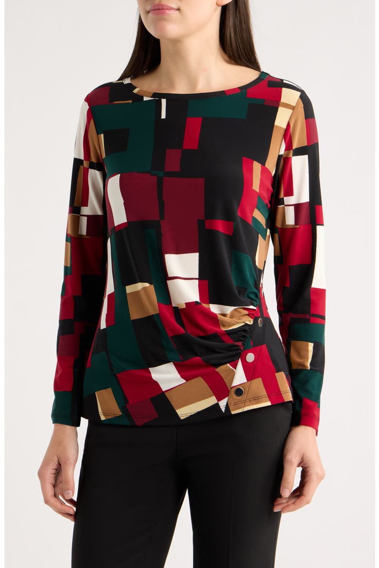 Geometric Print Ruched Long Sleeve Top, Main, color, BLACK MULTI