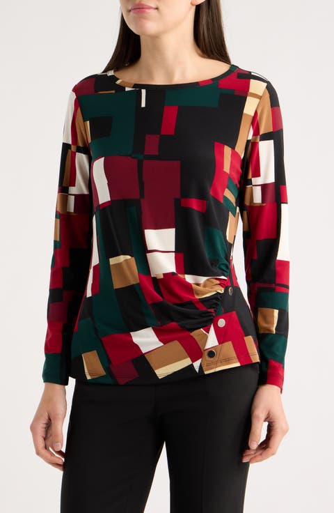 Geometric Print Ruched Long Sleeve Top