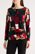 AK ANNE KLEIN Geometric Print Ruched Long Sleeve Top