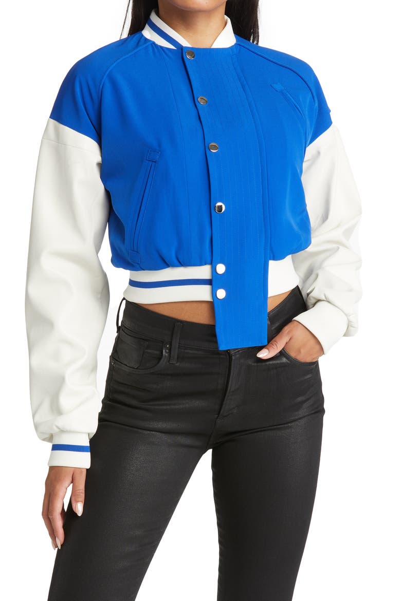 Colorblock Crop Bomber Jacket, Alternate, color, BLUE