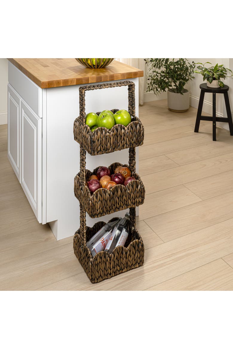 Terra Coastal Handwoven Water Hyacinth 3-Tier Scalloped Basket Freestanding Storage Tower Stand with Top Handle, Alternate, color, Brown