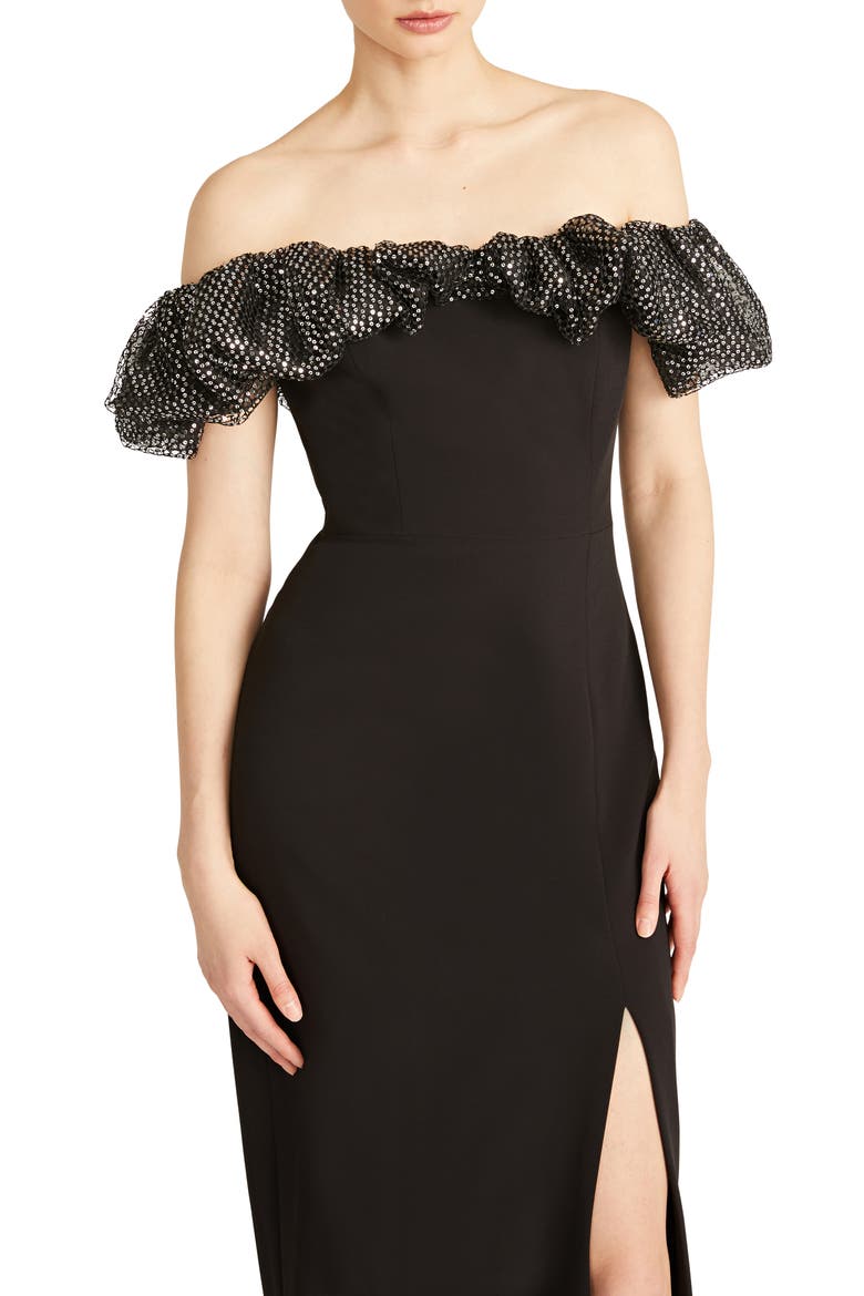 Micaela Metallic Ruffle Crepe Sheath Gown, Alternate, color, SILVER/ BLACK