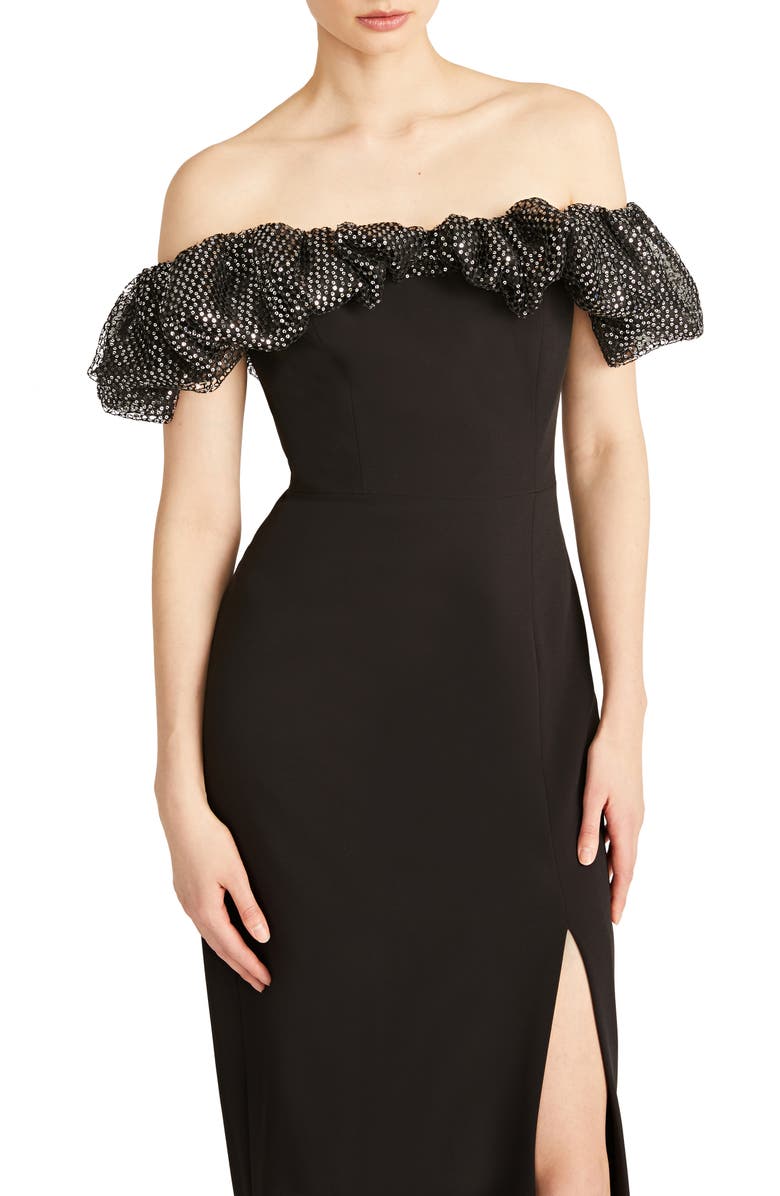 ML Monique Lhuillier Micaela Metallic Ruffle Crepe Sheath Gown, Alternate, color, Silver/ Black