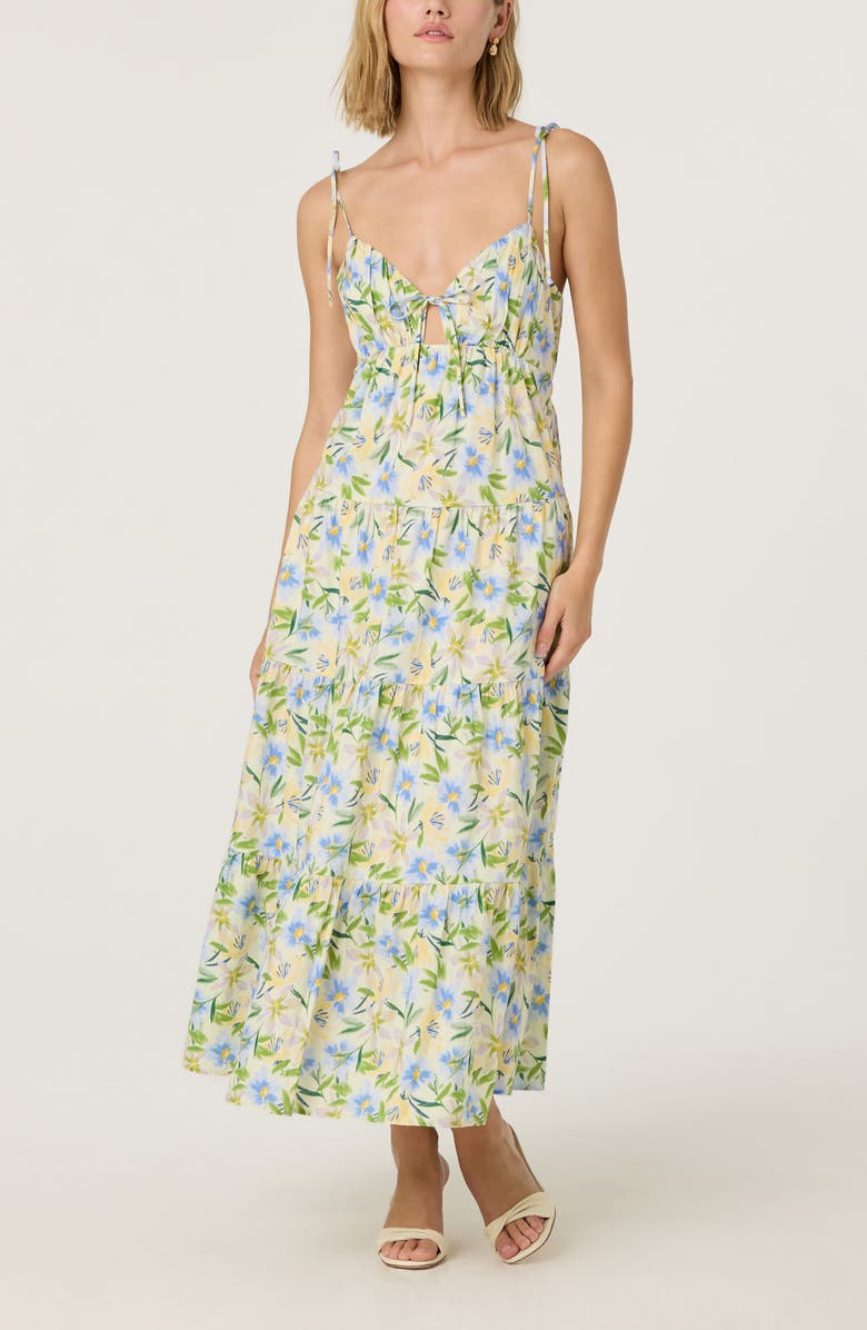 ASTR the Label Tie Strap Tiered Maxi Dress, Alternate, color, Cream Blue Floral