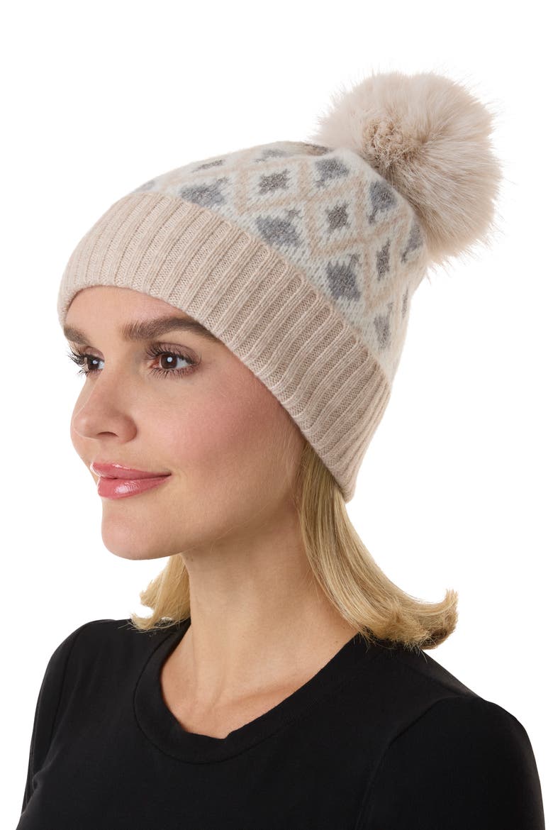 Fair Isle Faux Fur Pom Beanie, Alternate, color, OATMEAL