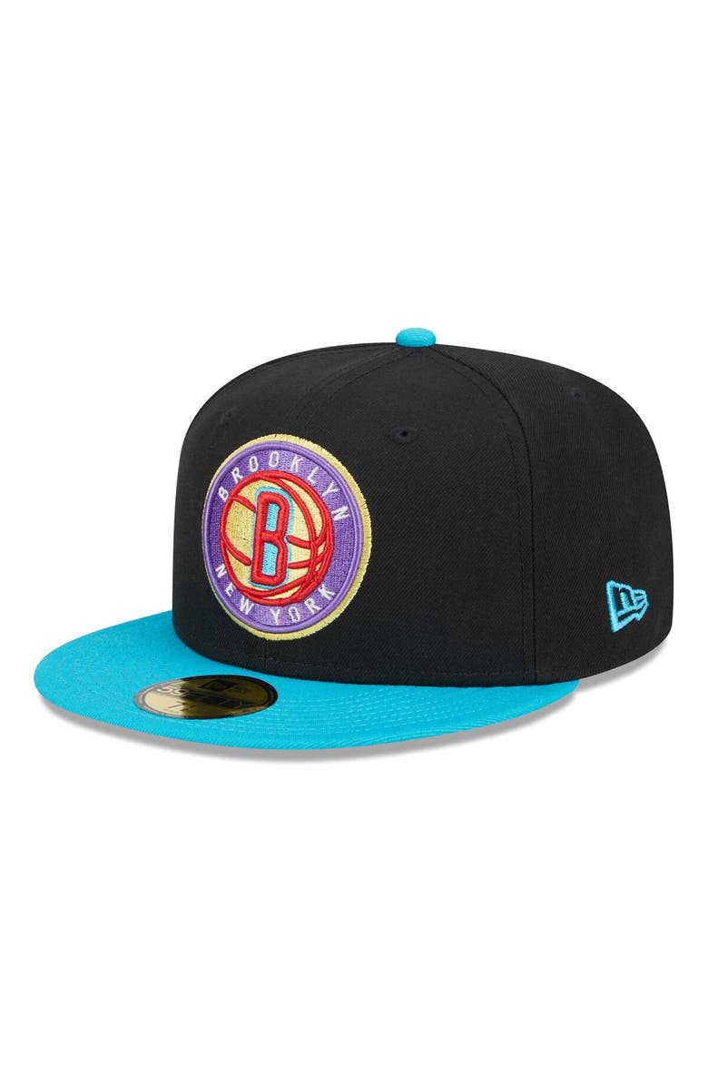 New Era Men's New Era Black/Turquoise Brooklyn Nets Arcade Scheme 59FIFTY Fitted Hat, Main, color, Black
