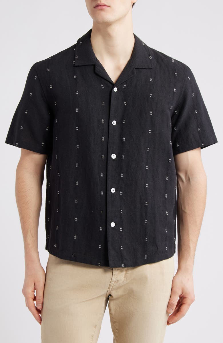 rag & bone Avery Embroidered Cotton & Linen Linen Camp Shirt, Main, color, Black