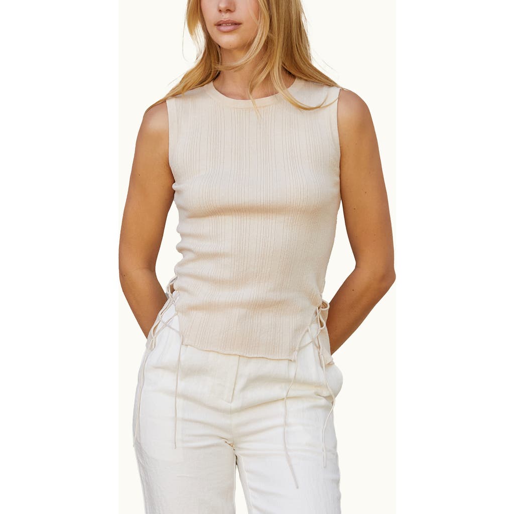 Crescent Lace Up Linen Blend Knit Tank Top In White