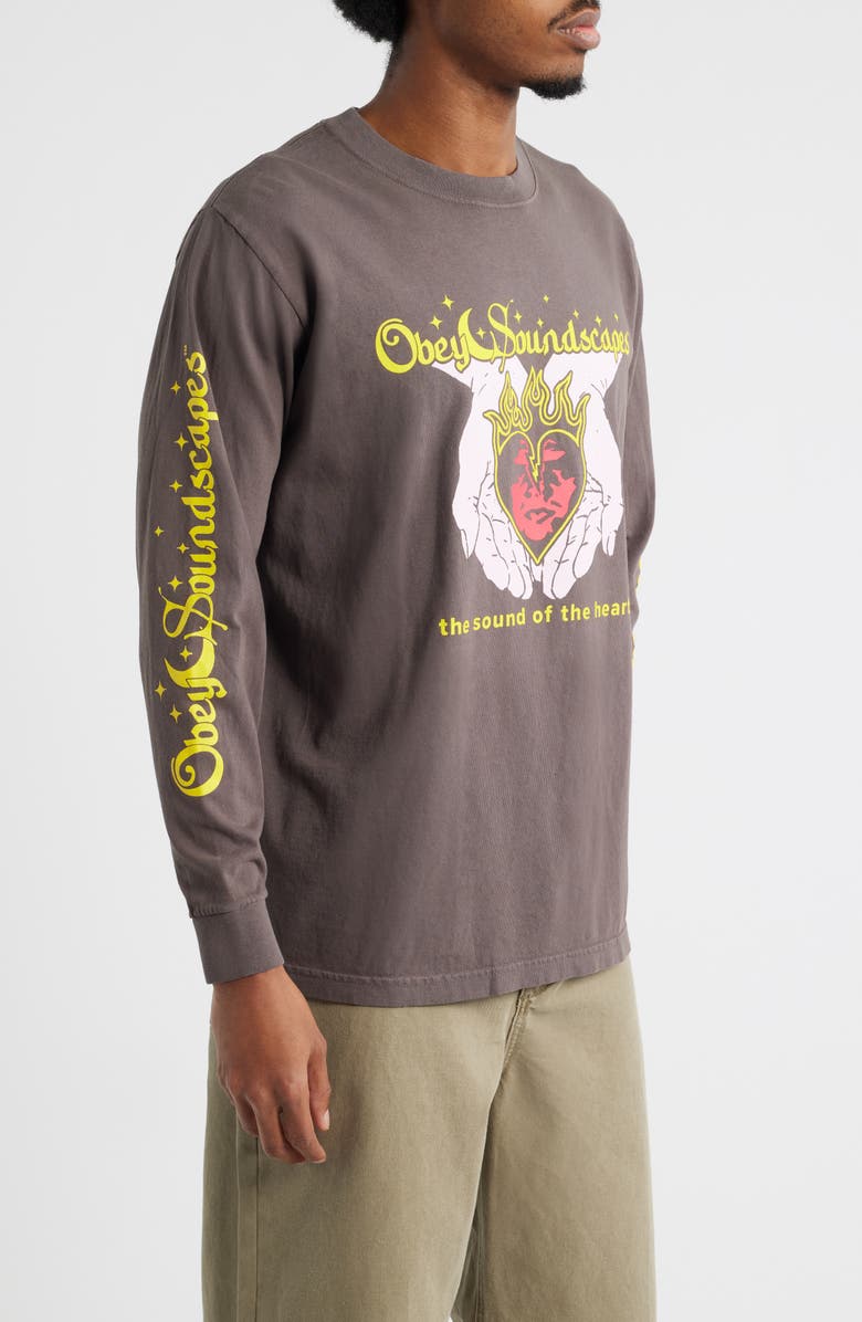 Obey Soundscapes Cotton Graphic Long Sleeve T-Shirt, Alternate, color, Pigment Dusty Black
