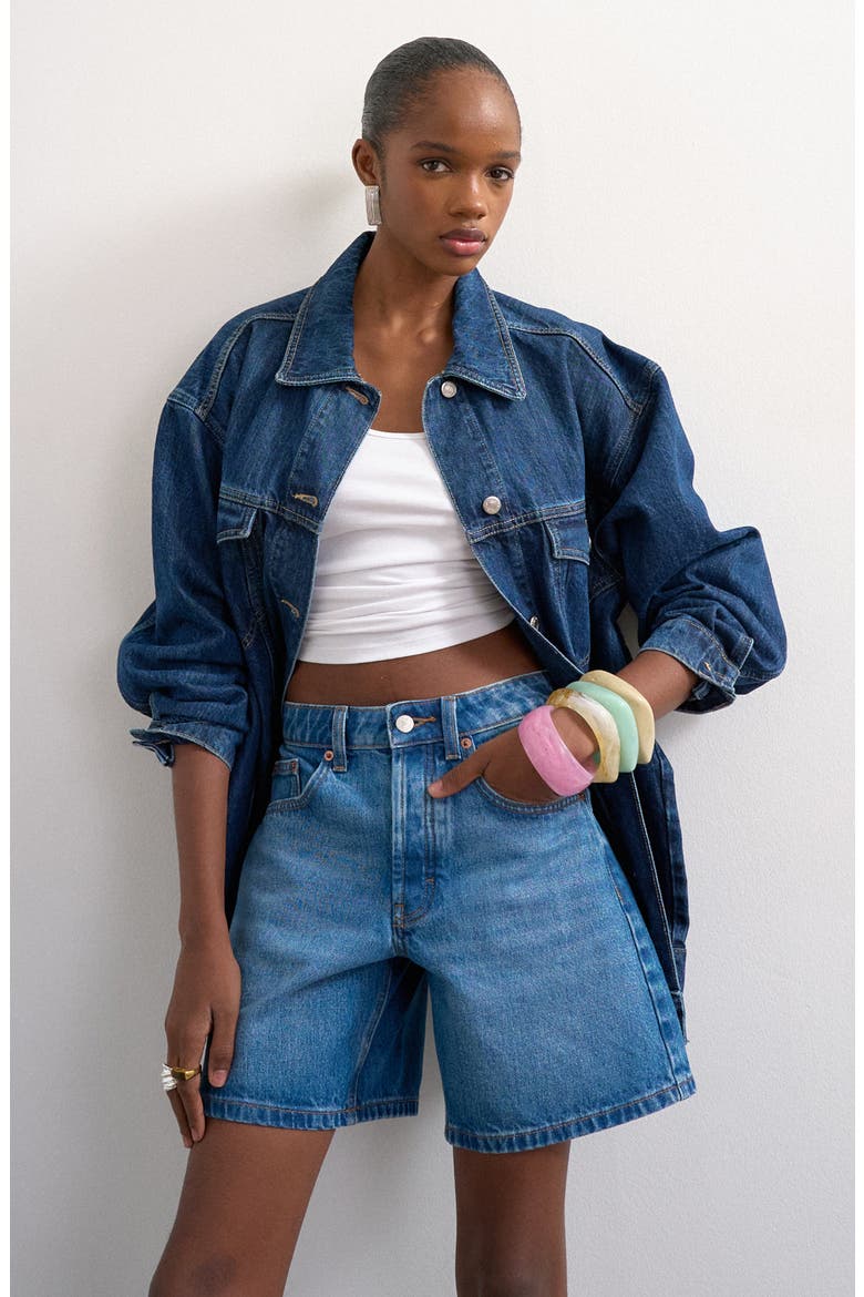 Editor Mid Rise Cotton Denim Shorts, Alternate, color, BLUE