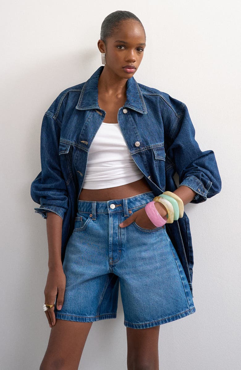 Topshop Editor Mid Rise Cotton Denim Shorts, Alternate, color, Blue