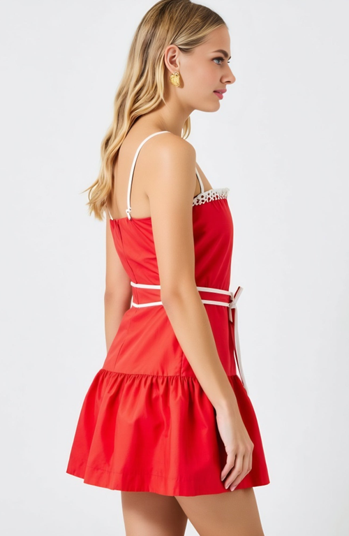 Modenaire Spaghetti Strap Mini Dress With Crochet Trim And Tie Waist In Red