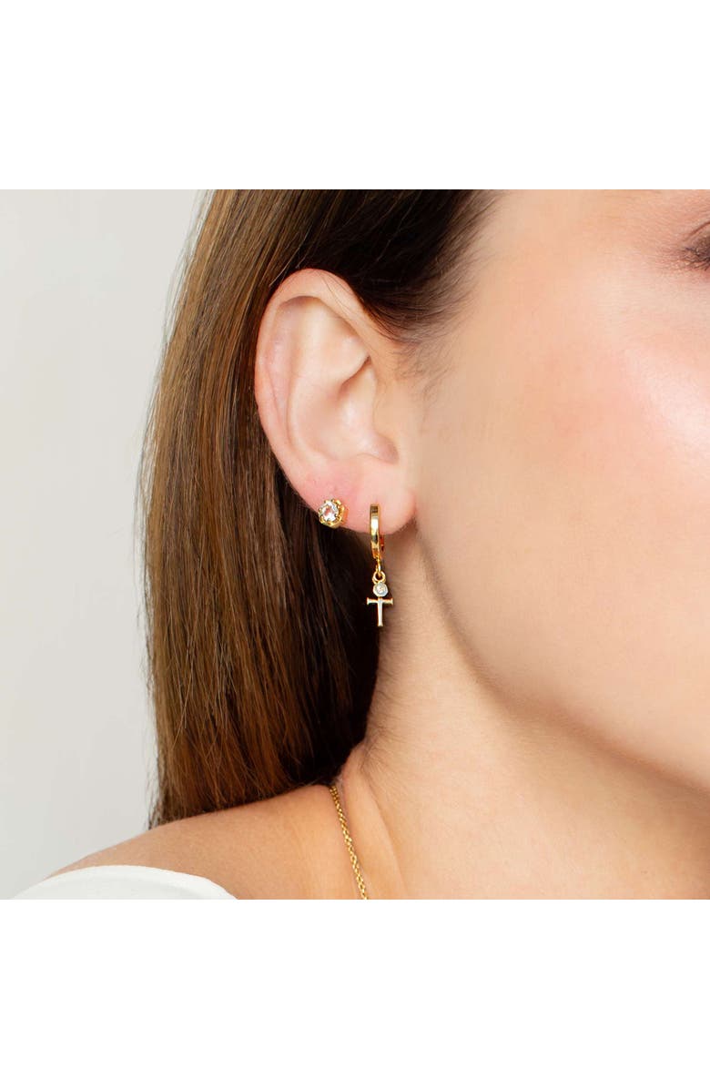 Rizen Jewelry Calvary Cross Huggie Hoop Earrings, Alternate, color, 18K Gold Plated