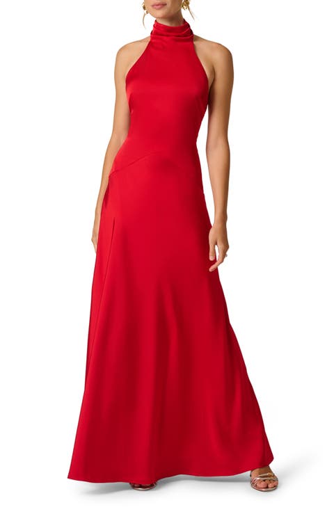 Stretch Satin Mock Neck Gown