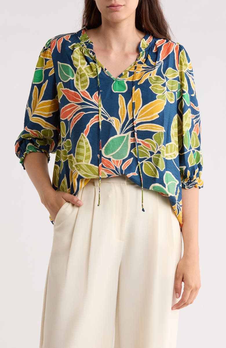Renee C Leaf Print Top, Main, color, Navy