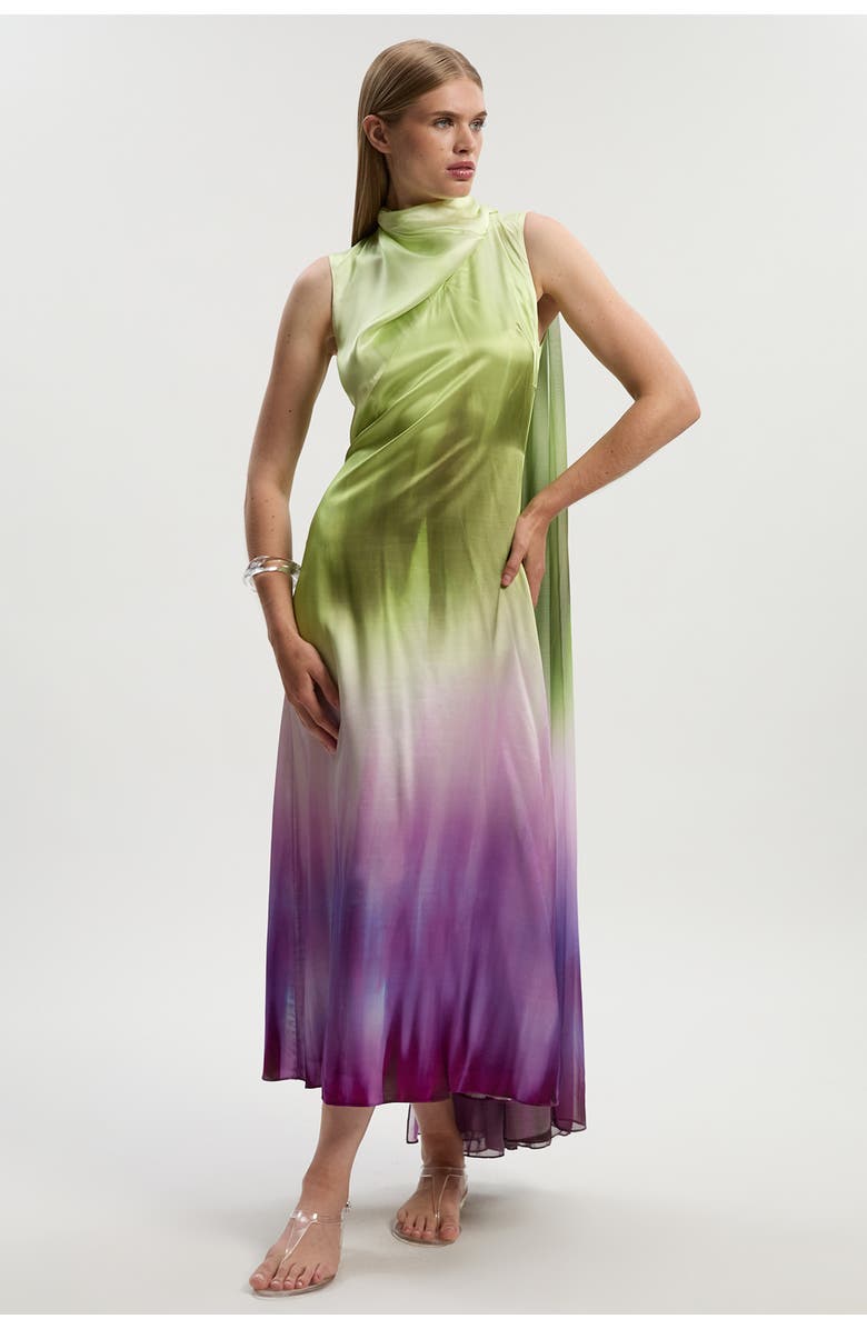 Karen Millen Ombre Satin Cape Midi Dress, Main, color, Multi