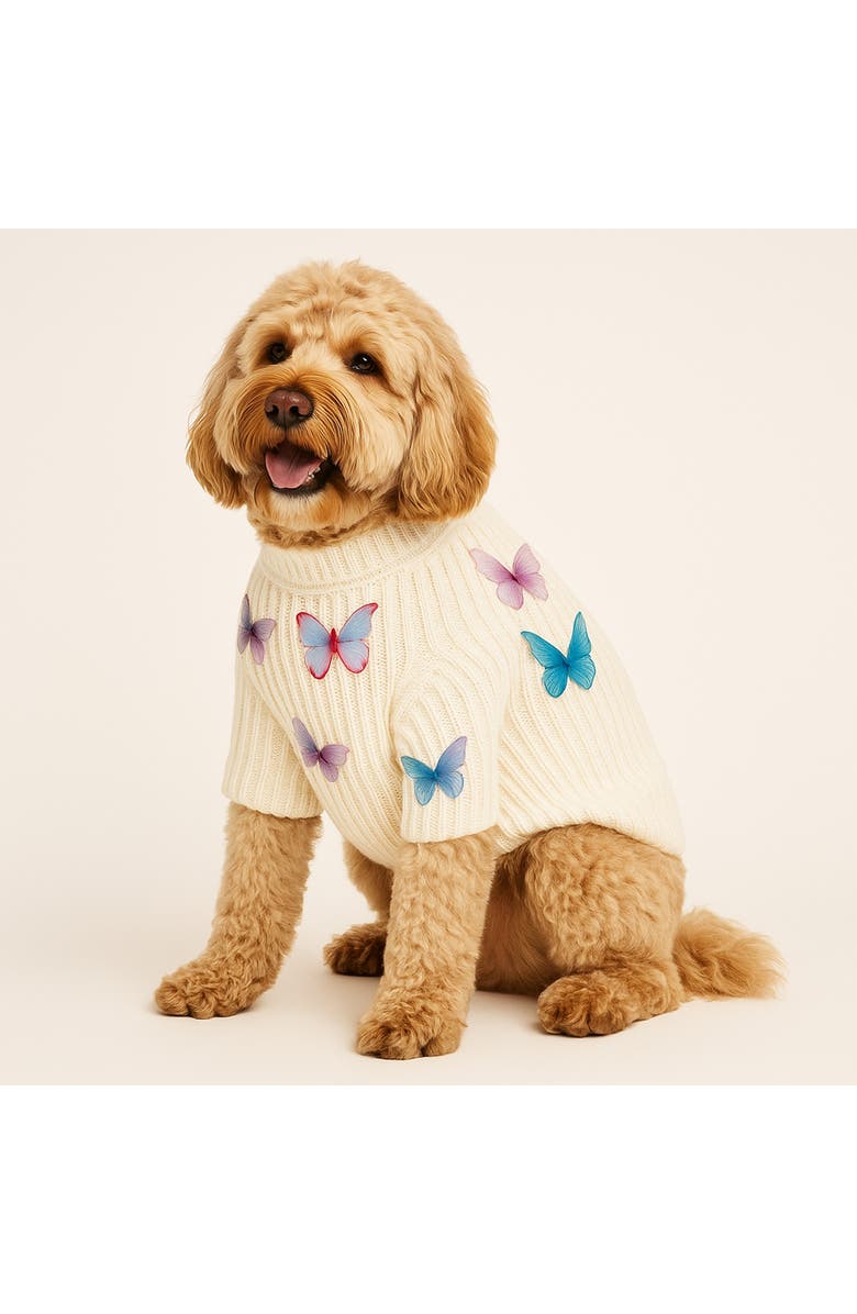 Found My Animal Butterfly 3D Icon Rib Dog Sweater, Alternate, color, Cream