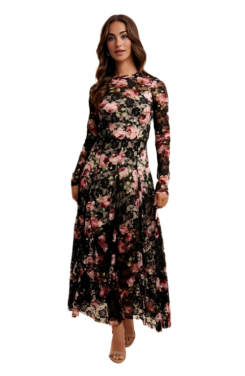 Long Sleeve Floral Lace Maxi Dress With Sheer Illusion Details