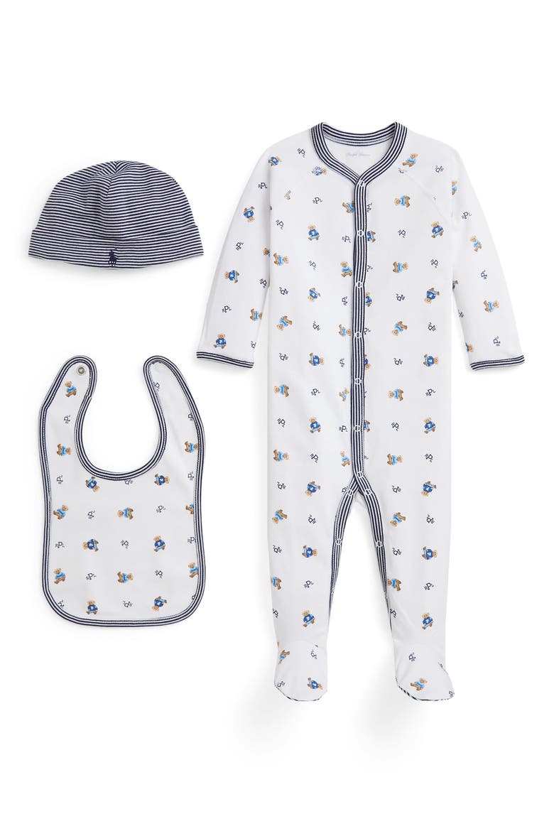 Cotton Interlock Footie, Bib & Hat Set, Main, color, WHITE BLUE MULTI