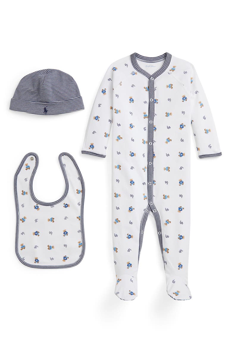 Ralph Lauren Cotton Interlock Footie, Bib & Hat Set, Main, color, White Blue Multi