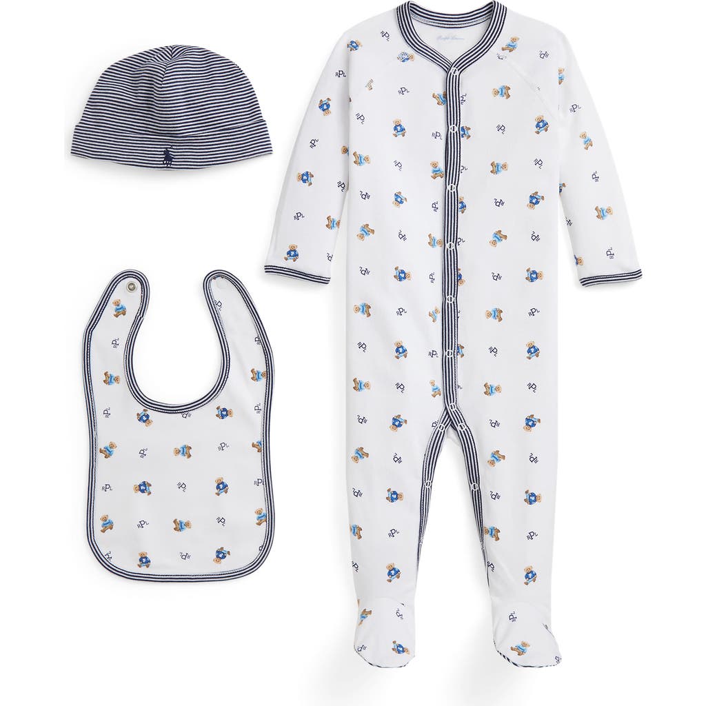 Ralph Lauren Cotton Interlock Footie, Bib & Hat Set In Multi