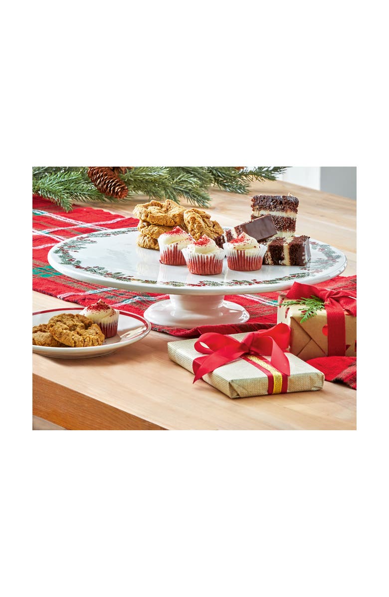 tag Farmhouse Christmas Holly Stoneware Pedestal Cake Plate, Alternate, color, Multicolored