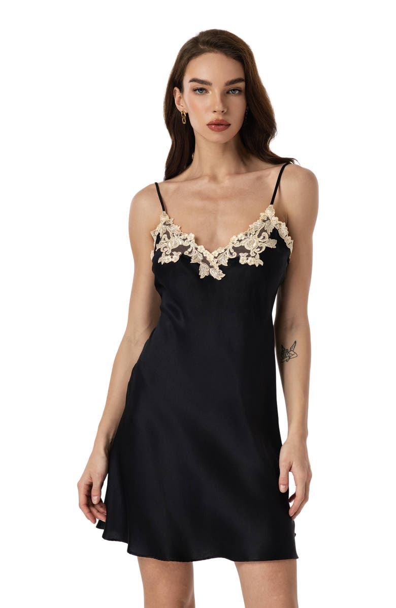 SILKSILKY Mulberry Silk V-Back Lace Nightgown Slip Dress, Main, color, Black