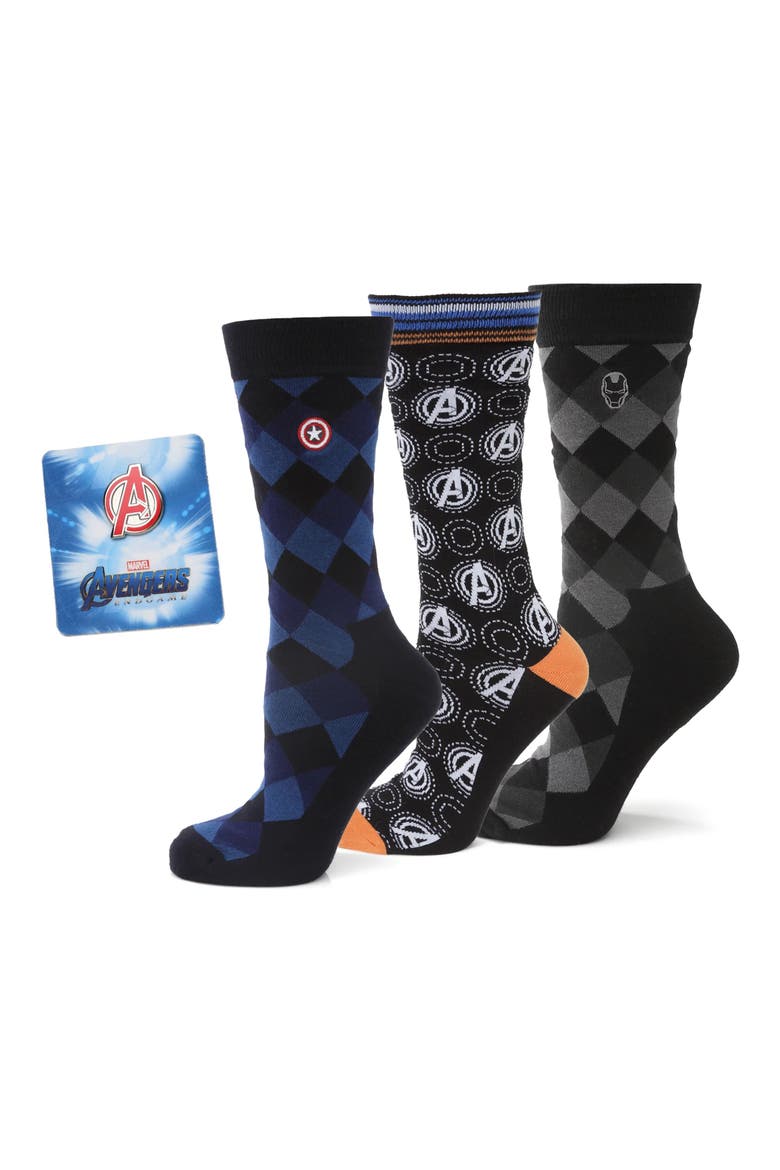 Marvel 3-Pack Argyle Crew Socks & Lapel Pin Set, Main, color, BLACK MULTI