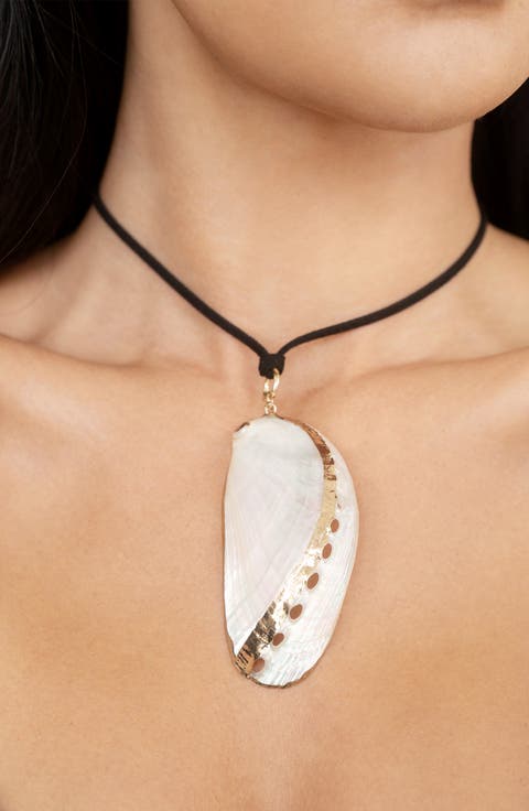 Shell Pendant Faux Suede Cord Necklace