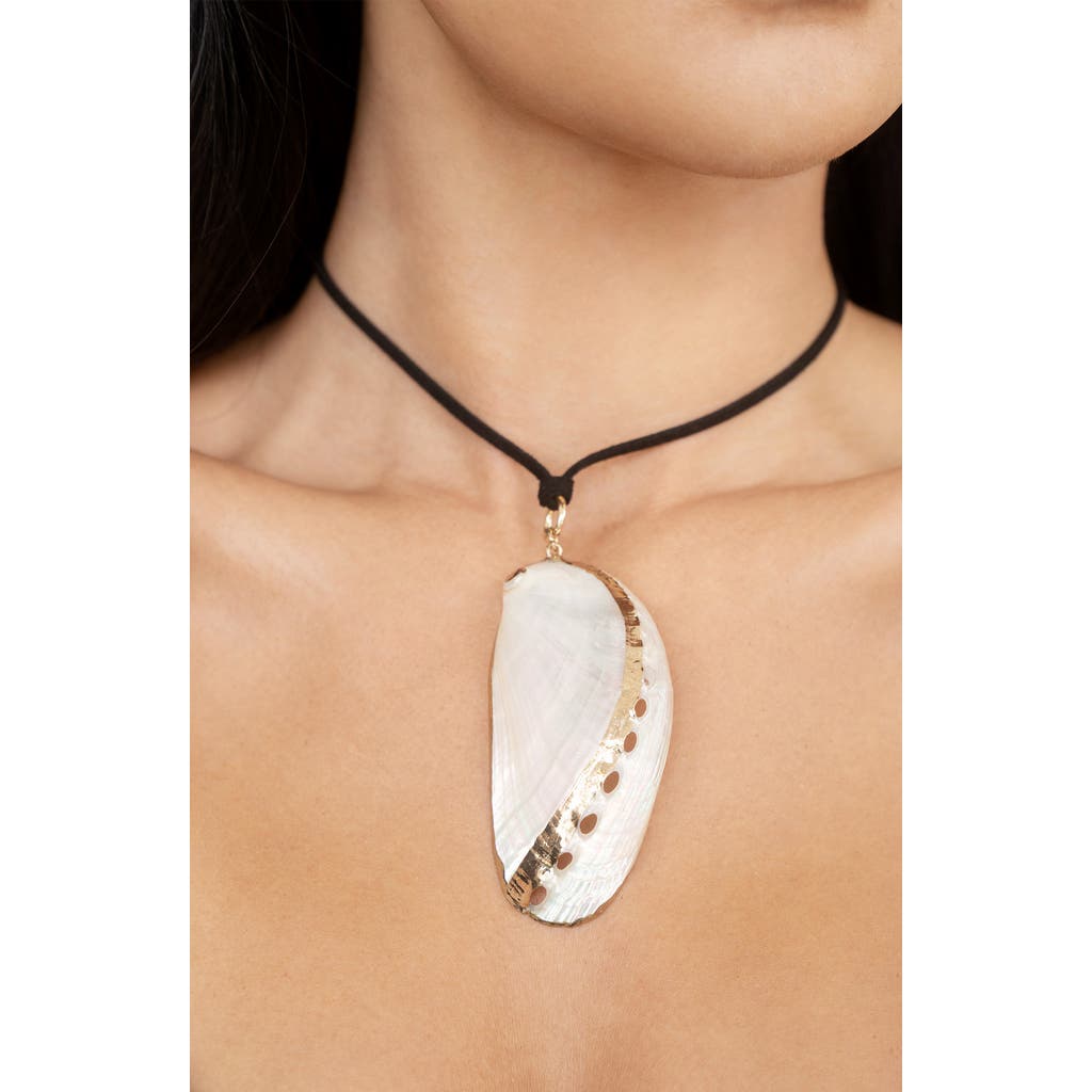 Ettika Shell Pendant Faux Suede Cord Necklace In Black/ivory