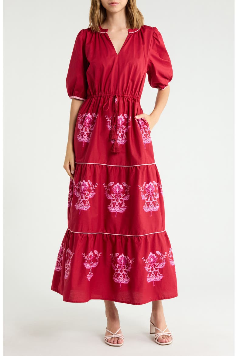 Vione Placed Floral Tiered Cotton Dress, Main, color, CHERRY-PINK
