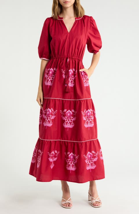 Vione Placed Floral Tiered Cotton Dress