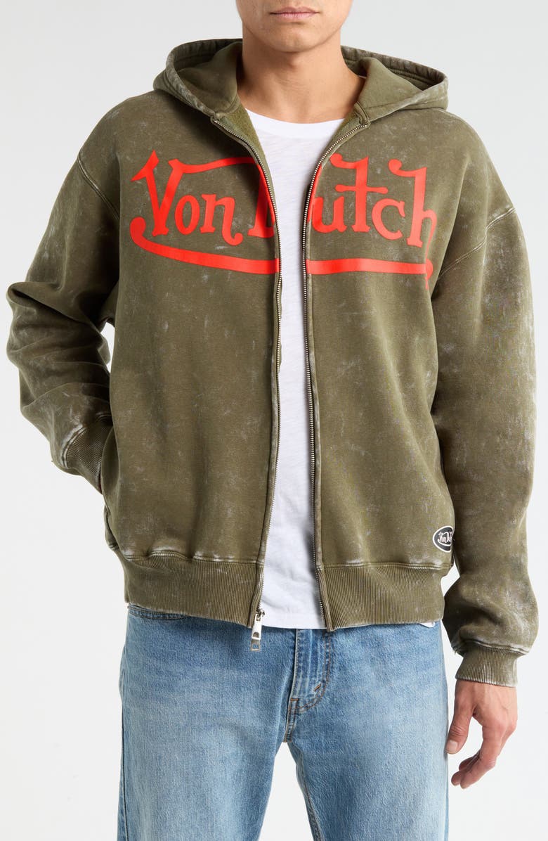 Von Dutch Oversize Fleece Zip Hoodie, Main, color, Olive Night Mineral Wash