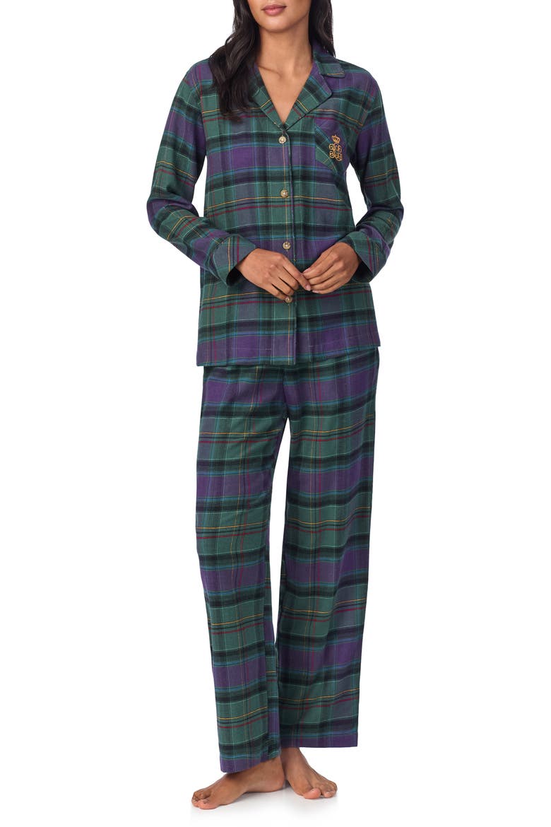 Print Cotton Blend Pajamas, Main, color, GREEN PLAID