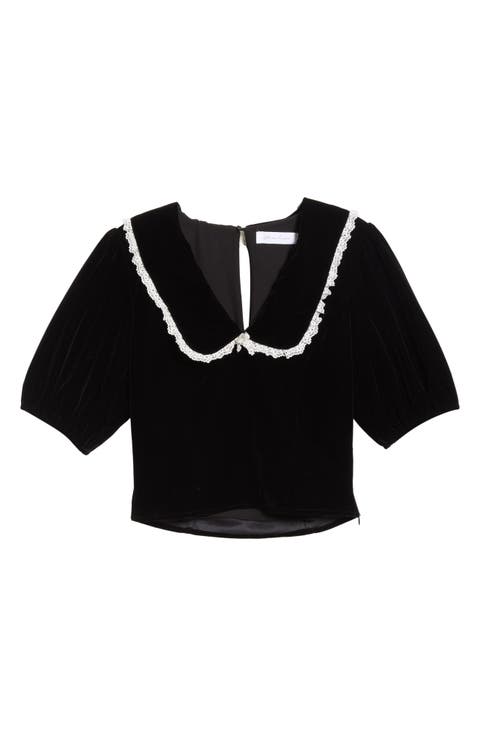 Velvet Embroidered Peter Pan Collar Crop Top
