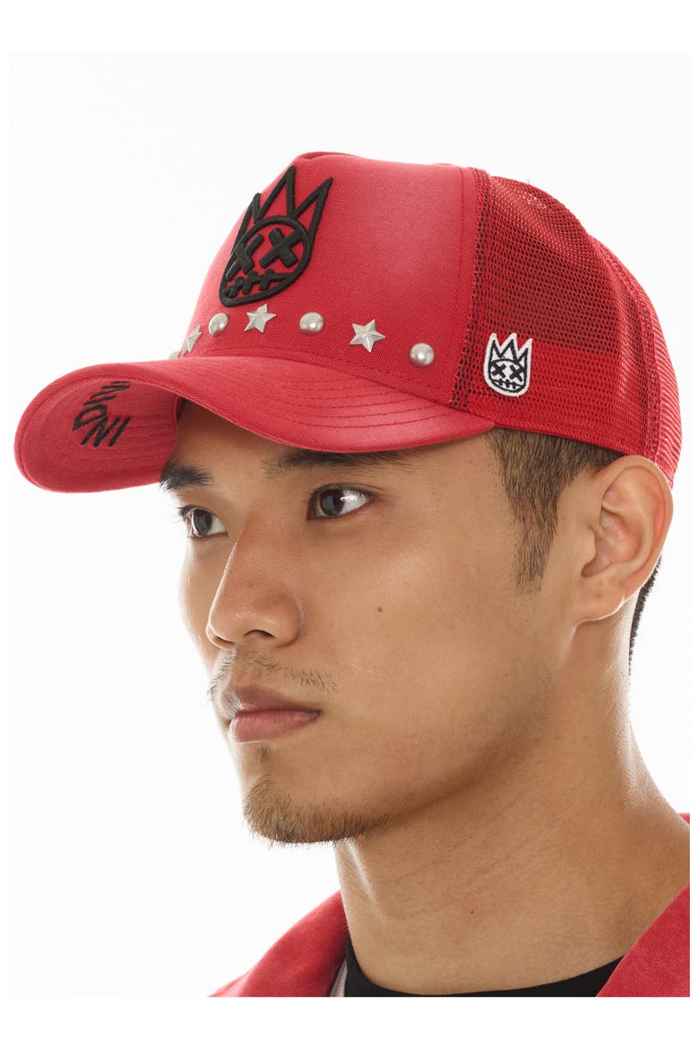 Shimuchan Logo Studded Trucker Hat, Alternate, color, ROCOCCO RED