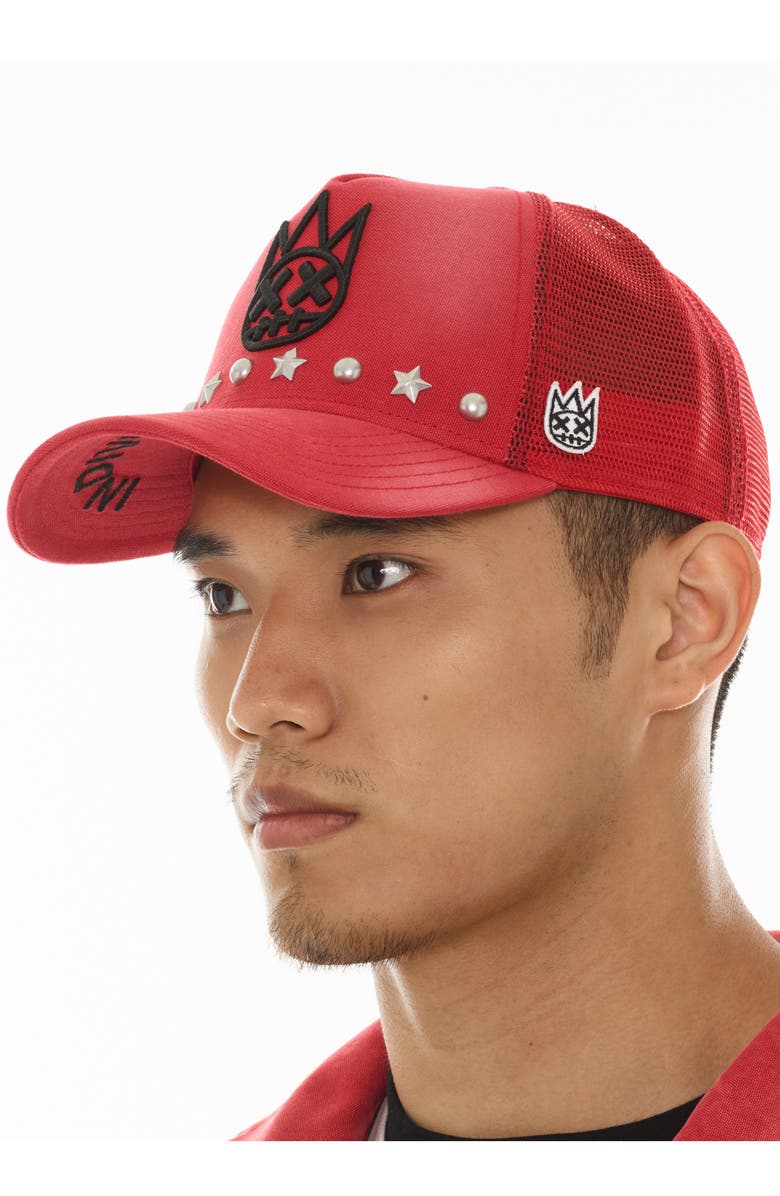 Cult of Individuality Shimuchan Logo Studded Trucker Hat, Alternate, color, Rococco Red
