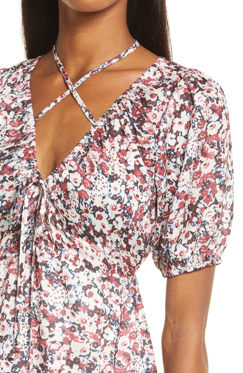 NSR Floral Print Tie Front Midi Dress, Alternate, color, 