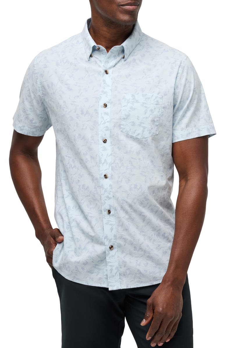 TravisMathew King Air Trim Fit Floral Short Sleeve Button-Up Shirt, Main, color, Heather Dream Blue