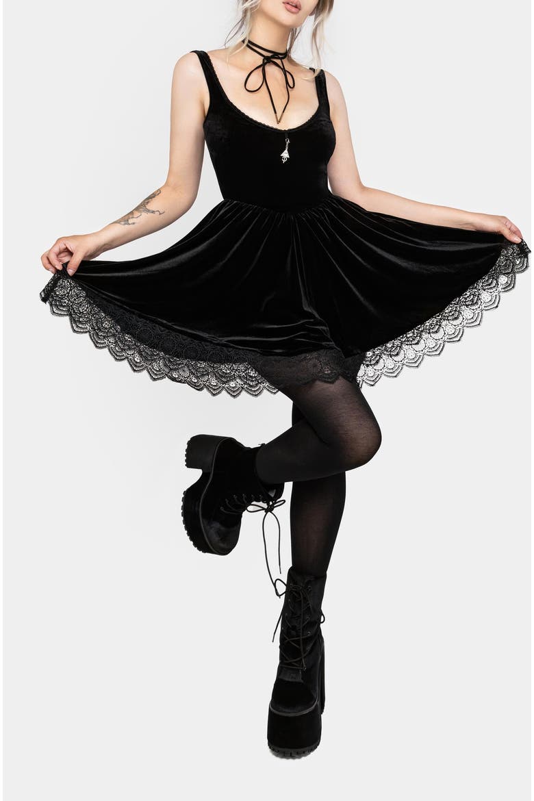 Orbweb Lace Hem Velour Mini Dress, Alternate, color, Black