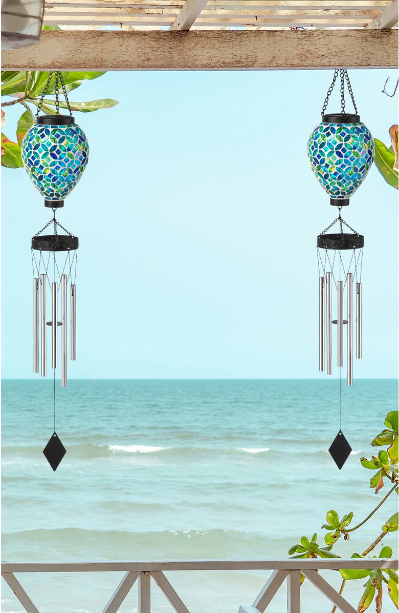 Glitzhome Set of 2 37"H Solar Lighted Metal and Glass Mosaic Windchime, Alternate, color, Green