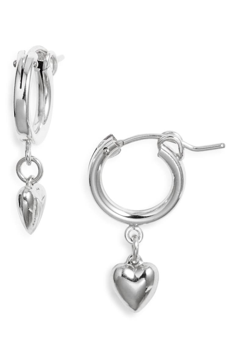 Puffy Heart Drop Huggie Hoop Earrings, Main, color, STERLING SILVER
