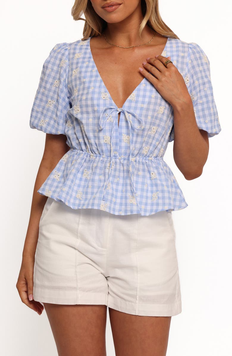 Petal & Pup Cecelia Gingham Eyelet Embroidered Peplum Top, Main, color, Blue Gingham